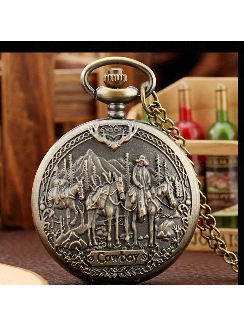 Cowboy Vintage Style Pocket Watch in Bronze Western Horse Details